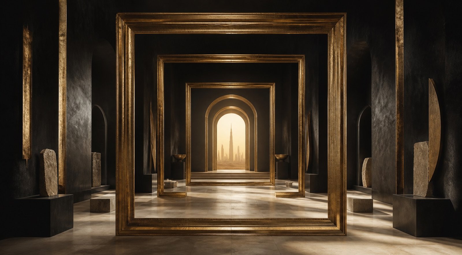 A cinematic gallery of golden frames opening toward the Dubai skyline.